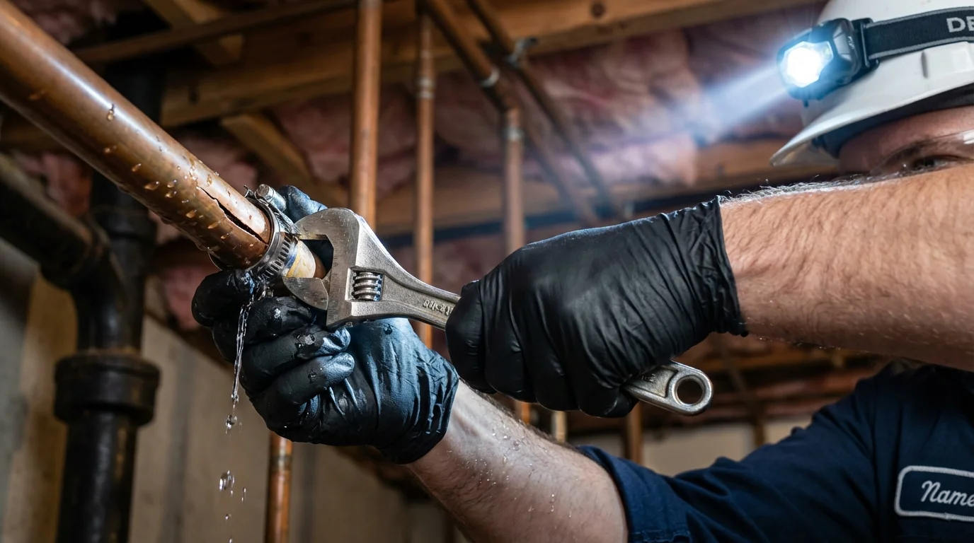 Emergency pipe clamp repair being performed by a Johns Plumbing LLC plumber in Waterville