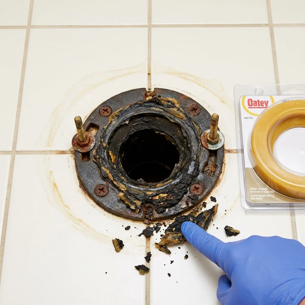 Failed wax ring showing water seepage at the base of a toilet in a Waterville, MN home